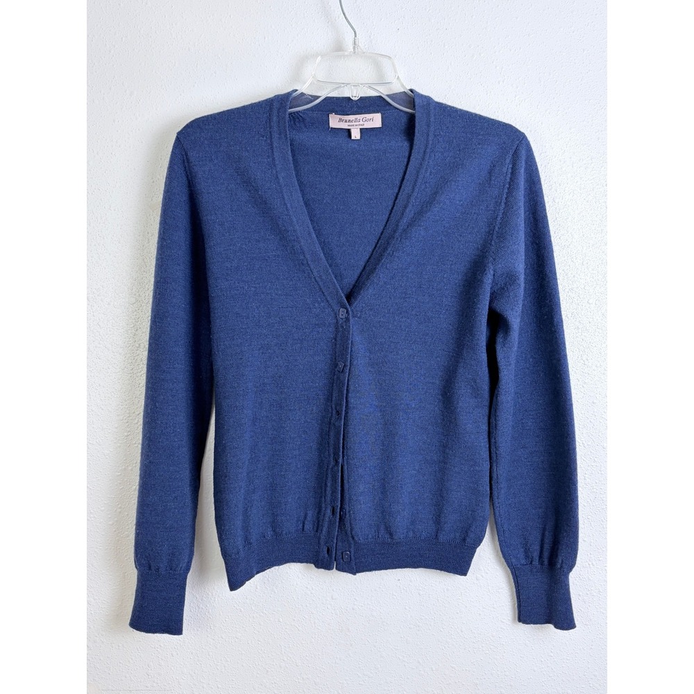 Brunella Gori Blue Merino Wool Cardigan Sweater L Minimalist